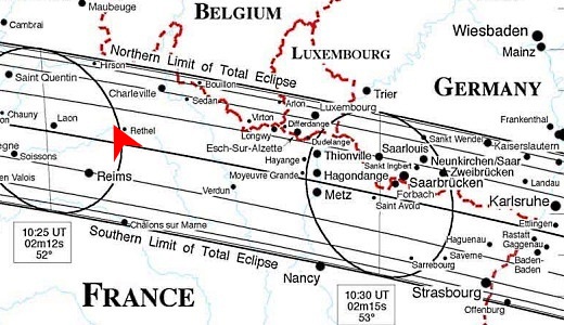 北フランスと南ドイツ付近の地図。